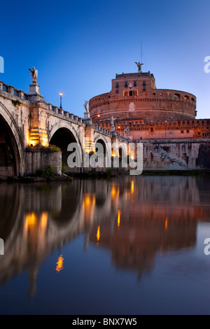Dawn Reflections in River Tiber of the Ponte and Castel Sant Angelo, Rome Lazio Italy Stock Photo