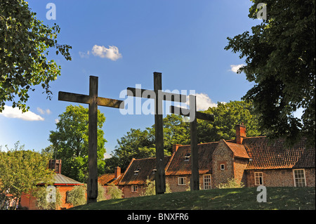 The 3 crosses at The Shrine of our Lady of Walsingham founded 1064AD and rebuilt 1934 Norfolk UK Stock Photo