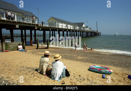 Southwold Pier,Suffolk,Britain. Traditional British seaside resort with sandy beach and sand castles. Stock Photo