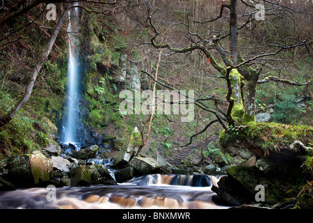 Mallyan Spout Waterfall and West Beck in Winter, near Goathland, North York Moors National Park Stock Photo