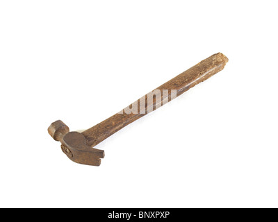 Old, rusty hammer on a plain white background. Stock Photo