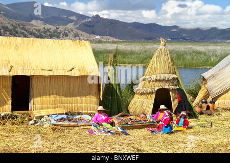 Uros people living on the floating islands of the Lake Titicaca in Peru.