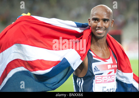 BARCELONA July 31st 2010: 10000m Gold medalist British athlete Mo Farah won also the Gold medal in the 5000m Final. Stock Photo
