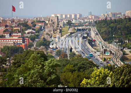 Old city walls and highway in Istanbul, Turkey Stock Photo