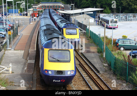 Rush hour at St Austell railway station and a rare treat of two express 125s in together. Stock Photo