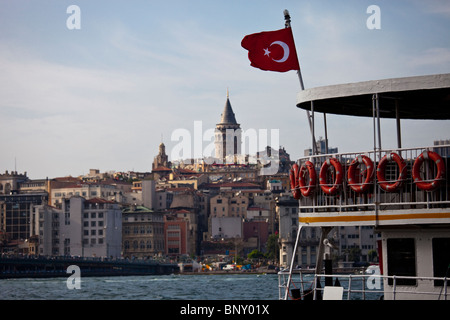 Ferryboat, Galata Tower, Istanbul, Turkey Stock Photo