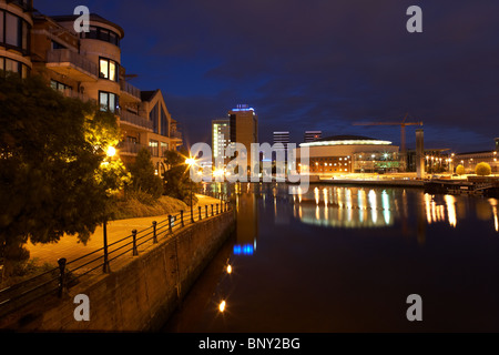 greggs quay apartments river lagan and city skyline at night Belfast Northern Ireland UK Stock Photo