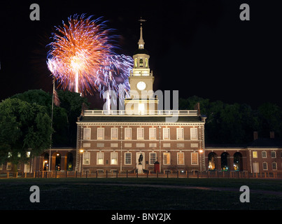 Fireworks at Independence Hall National Historic Park in Philadelphia. Stock Photo
