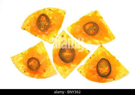 Five nachos with melted cheddar cheese and sliced jalapeno peppers isolated on white background. Stock Photo