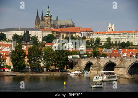 View of Prague Castle Hradcany, with St. Vitus Cathedral and Vltava river Stock Photo