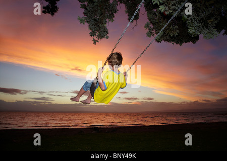 Young Boy on Rope Swing under Pohutukawa Tree at Sunset, Thames, Coromandel, North Island, New Zealand Stock Photo