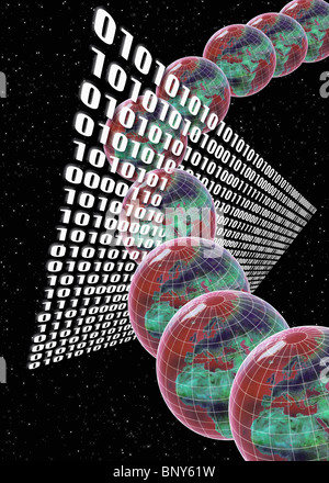 Globes passing through binary numbers in space Stock Photo