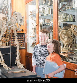 2 boys looking at tiger skeleton Stock Photo