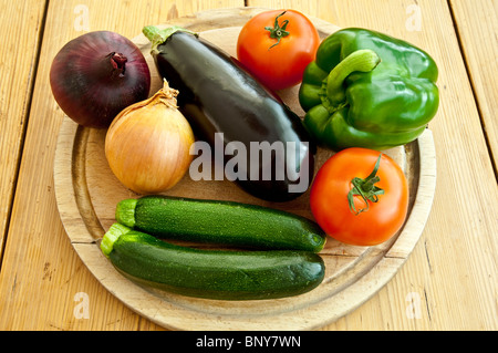 5 different types of vegetables, commonly used in ratatouille - a popular mediterranean dish. Stock Photo