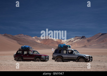 2 4WD vehicles in the desert  with a moody sky Stock Photo