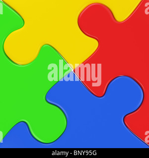 four colored puzzle pieces assemled close up as concept for cooperation, group job, integration Stock Photo