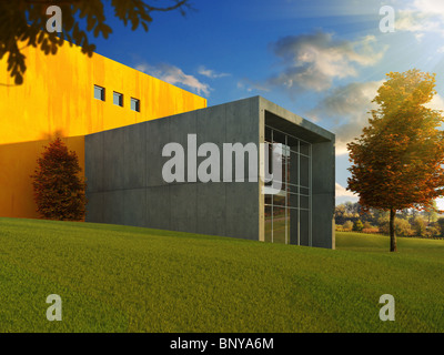 3D scene of modern minimalistic building in a beautyful autumn meadow Stock Photo