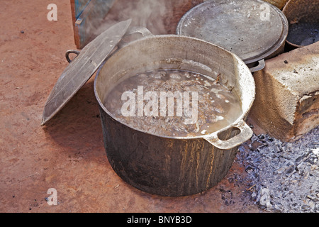 Silkworm cocoons being boiled at the beginning of the silk production process at the silk factory in Ambalavao, SE Madagascar Stock Photo