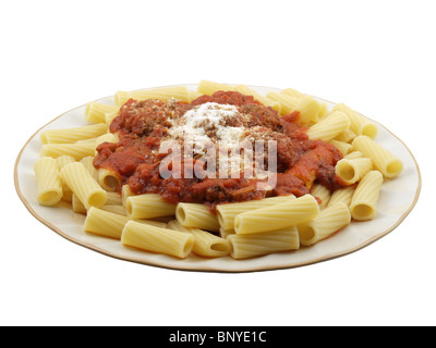 Rigatoni with tomato sauce and mini meatballs. Stock Photo