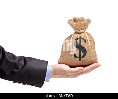 A hand holding a money bag with US dollar Stock Photo