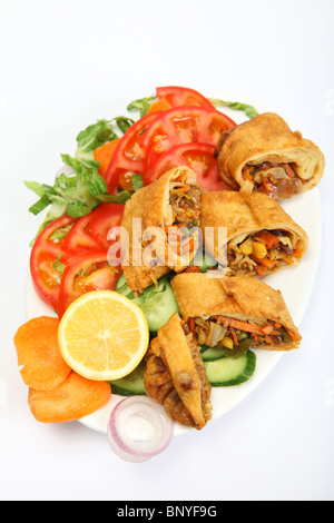 A plate with a Chinese or Thai-style vegetable spring rolls on a bed of salad. Stock Photo