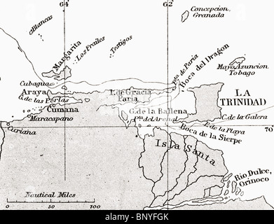 Map showing the Gulf of Paria or De La Ballena as Christopher Columbus named it on his third voyage. Stock Photo