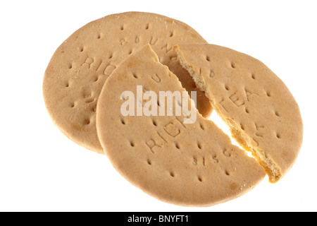 Two rich tea biscuits one halved broken into two pieces Stock Photo