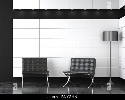 interior design of modern reception with two barcelona chairs and lamp in black and white colors Stock Photo