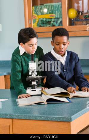Elementary school boys with microscope in science lab Stock Photo