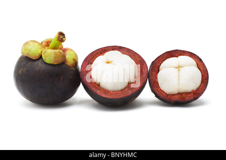 Open fresh mangosteen fruits on white background Stock Photo