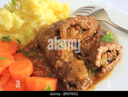 A plate of beef olives, stuffed beef escalopes or roulades, Stock Photo