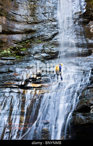 An abseiler descends Empress Falls in the Valley of the Waters. Blue Mountains, New South Wales, AUSTRALIA Stock Photo
