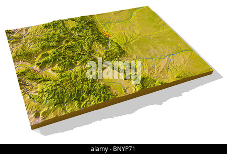 Colorado, 3D relief map cut-out with urban areas and interstate highways. Stock Photo