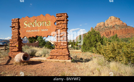 Sedona, Arizona - Sedona City limits sign entering from south on 179, welcome, founded 1902, with red rock vista. Stock Photo