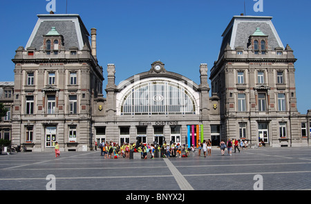 Large group of children in front of the railway station, Ostend, West Flanders, Belgium, Western Europe. Stock Photo