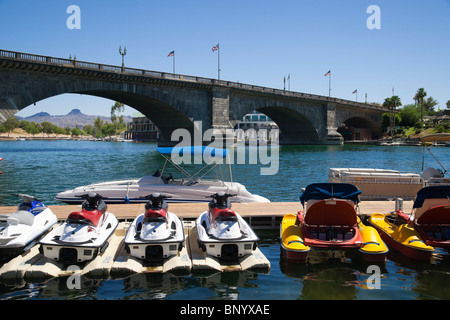 Lake Havasu City Arizona - London Bridge area. Recreational boats for hire. Stock Photo