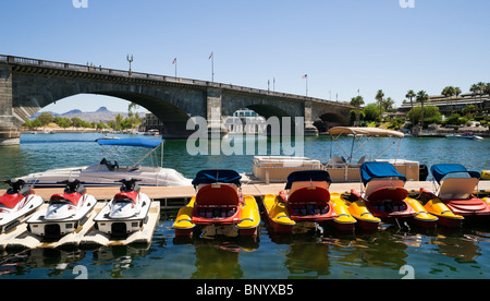 Lake Havasu City Arizona - London Bridge area. Recreational boats for hire. Stock Photo