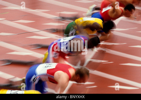 Start of men's 100 meter race. Stock Photo