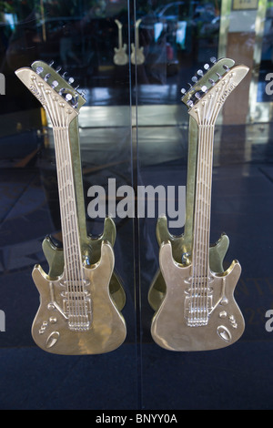 Las Vegas USA - Hard Rock Hotel guitsar shaped door furniture, cast metal handles. Stock Photo