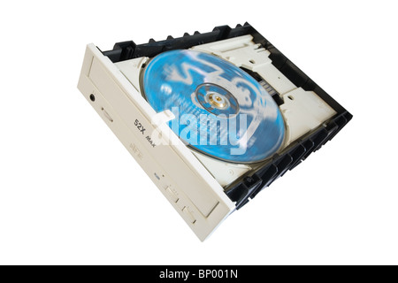 DVD spinning around inside a computer DVD drive. (Photoshop radial blur used to 'spin' the CD in a computer DVD drive) Stock Photo