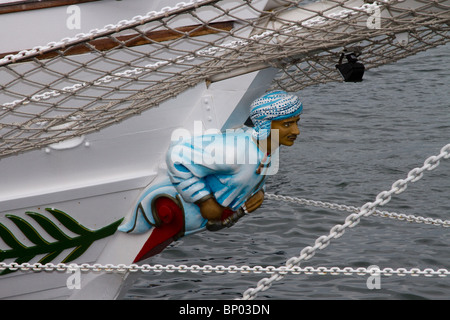 Male Figurehead ship, boat, sail, sea, wood, vessel, bow, rope, old, ancient, flag, history, mast, galleon, historic, travel, navigation, sailing vessel, sculpture, nautical, wooden bowsprit on the Omani Barquentine Shabab Oman.  Hartlepool 2010 Tall Ships Race, Village and Marina, Teesside, North Yorkshire, UK Stock Photo