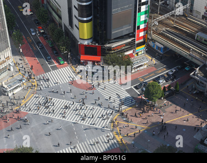 Shibuya (Tokyo) cross-walk from high above (rare view). Stock Photo