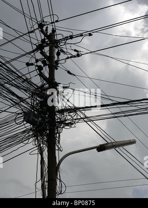 Telegraph pole with bunch of cables in Luang Prabang, Northern Laos Stock Photo