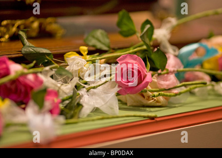 Roses on the casket containting the relics of Saint Therese of Lisieux  at St John's Catholic Cathedral in Portsmouth. Stock Photo