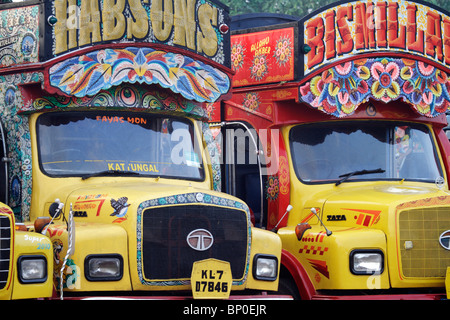 India, South India, Kerala. Painted trucks parked in Cochin. Stock Photo