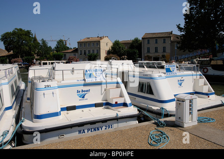 Sign of the times holiday hire boats up for sale. Canal du Midi South of France Stock Photo