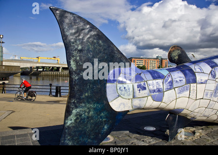 ‘Big Fish’ by John Kindness on Donegall Quay, marks the return of salmon to the River, Belfast, Northern Ireland Stock Photo
