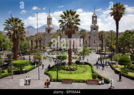 Peru, Arequipa Cathedral in the main square, Plaza de Armas. Built with sillar, a stone mined from the extinct Chachani volcano. Stock Photo