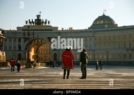 Russia, St. Petersburg; Palace Square in Winter with an impersonator of Tsar Peter the Great Stock Photo