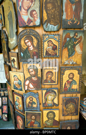 Painted Greek religious icons on display, Rhodes, Greece Stock Photo